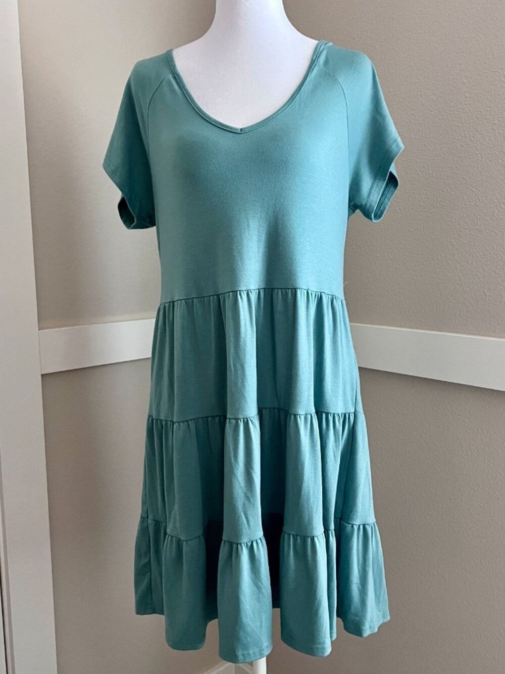 ANRABESS Teal Short Sleeve Tiered Mini Babydoll Dress - Size Med